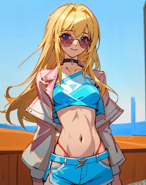 4K, Masterpiece, highres, absurdres,natural volumetric lighting and best shadows, deep depth of field, sharp focus, smiling,soft delicate beautiful attractive face,edgAsianc,beautiful blonde Nadia with sunglasses and a choker, leather jacket, in a white top and blue shorts ,midriff, toned,wearing edgAsianc, cowboy shot <lora:edgAsianc:0.8> <lora:Nadia:0.35> <lora:zeronis:0.7> <lora:DitaStyle1:0.25>
