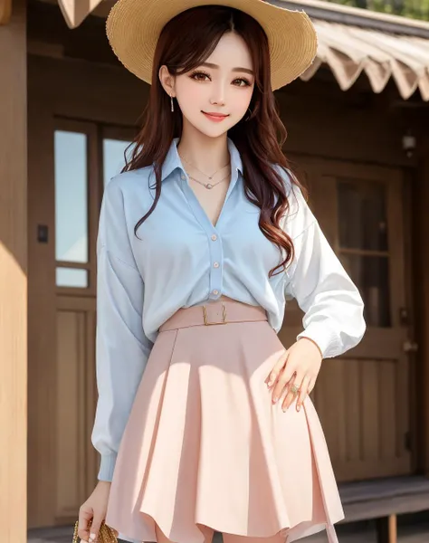 4K, Masterpiece, highres, absurdres,natural volumetric lighting and best shadows, deep depth of field, sharp focus, smiling,soft delicate beautiful attractive face,edgAsianc,
beautiful woman,
shirt, cardigan,skirt,
wearing edgAsianc, cowboy shot , <lora:edgAsianc:0.76>