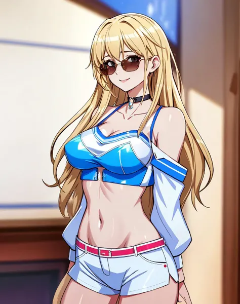 4K, Masterpiece, highres, absurdres,natural volumetric lighting and best shadows, deep depth of field, sharp focus, smiling,soft delicate beautiful attractive face,edgAsianc,beautiful blonde Nadia with sunglasses and a choker, leather jacket, in a white top and blue shorts ,midriff, toned,wearing edgAsianc, cowboy shot <lora:edgAsianc:0.8> <lora:Nadia:0.35> <lora:zeronis:1> <lora:DitaStyle1:0.25>