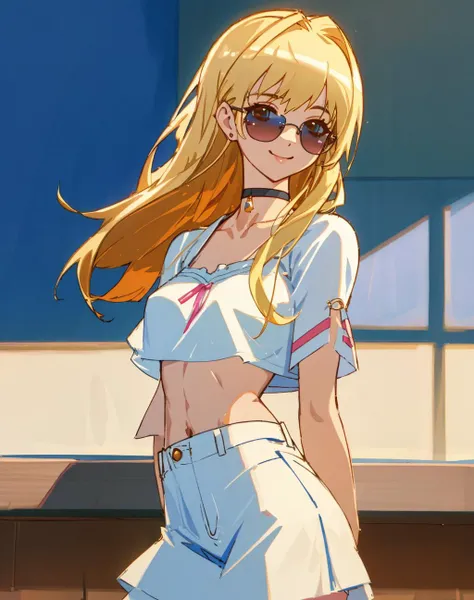 4K, Masterpiece, highres, absurdres,natural volumetric lighting and best shadows, deep depth of field, sharp focus, smiling,soft delicate beautiful attractive face,edgAsianc,
beautiful blonde Nadia with sunglasses and a choker,
white blouse and denim skirt, midriff,abs,
wearing edgAsianc, cowboy shot <lora:Nadia:0.35> <lora:zeronis:0.7> <lora:DitaStyle1:0.25> <lora:edgAsianc:0.7>