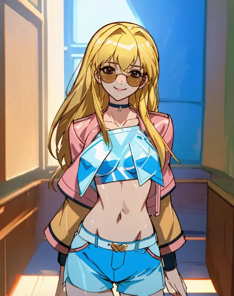 4K, Masterpiece, highres, absurdres,natural volumetric lighting and best shadows, deep depth of field, sharp focus, smiling,soft delicate beautiful attractive face,edgAsianc,beautiful blonde Nadia with sunglasses and a choker, leather jacket, in a white top and blue shorts ,midriff, toned,wearing edgAsianc, cowboy shot <lora:edgAsianc:0.8> <lora:Nadia:0.35> <lora:zeronis:1> <lora:DitaStyle1:0.45>