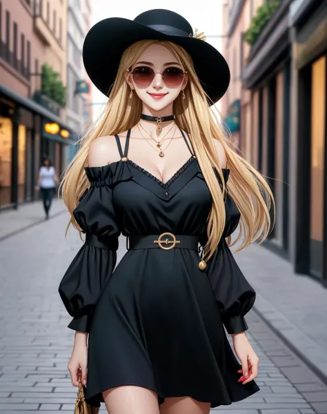 4K, Masterpiece, highres, absurdres,natural volumetric lighting and best shadows, deep depth of field, sharp focus, smiling,soft delicate beautiful attractive face,edgAsianc,
beautiful blonde Nadia with sunglasses and a choker,
black dress and hat walking down a street,
wearing edgAsianc, cowboy shot <lora:Nadia:0.35> <lora:zeronis:0.7> <lora:DitaStyle1:0.25> <lora:edgAsianc:0.7>
