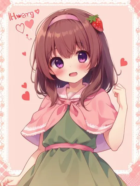 <lora:char_askicg_loha:1> 1girl, heart, happy, brown hair, purple eyes, ,char_askicg_loha, green dress, strawberry hair ornament, pink capelet, pink neckerchief, pink sash