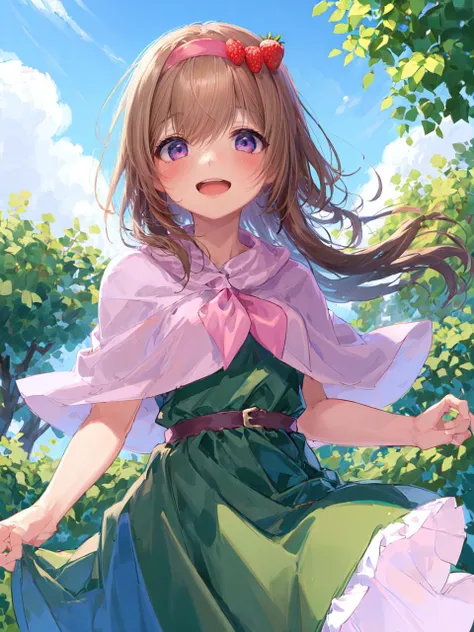 1 girl, best quality,ultra detailed, (minor:1.2), :d,
(green dress:1.2), strawberry hair ornament, (pink capelet, pink neckerchief:1.2), pink sash, <lyco:char_askicg_loha:0.8>,
cowboy shot, dancing, medieval fantasy, garden, catsle, daytime, clear sky,
 <lora:flat2:-0.2>, <lora:hairdetailer:0.5>, <lora:boldline:-1>,