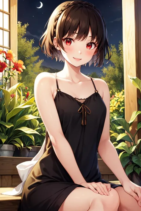 niijimamakoto, 1girl, solo, looking at viewer,short hair,bangs,  brown hair, red eyes, braid,crown braid, 
night, dark, moon, night sky, nightgown,
smile, happy, garden, flowers, trees, upper body shot, sitting on the ground
 <lora:makoto-niijima-v1-unpruned:1>