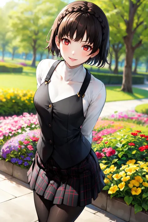 makodefault, niijimamakoto, 1girl, solo, looking at viewer, short hair,bangs, skirt, brown hair, red eyes, long sleeves, school uniform, standing, braid, pantyhose, boots, plaid, black pantyhose, plaid skirt, turtleneck, crown braid, shuujin academy school uniform , vest,
smile, happy, garden, flowers, treesn, arms behind back, upper body shot, from side,
<lora:makoto-niijima-10:1>