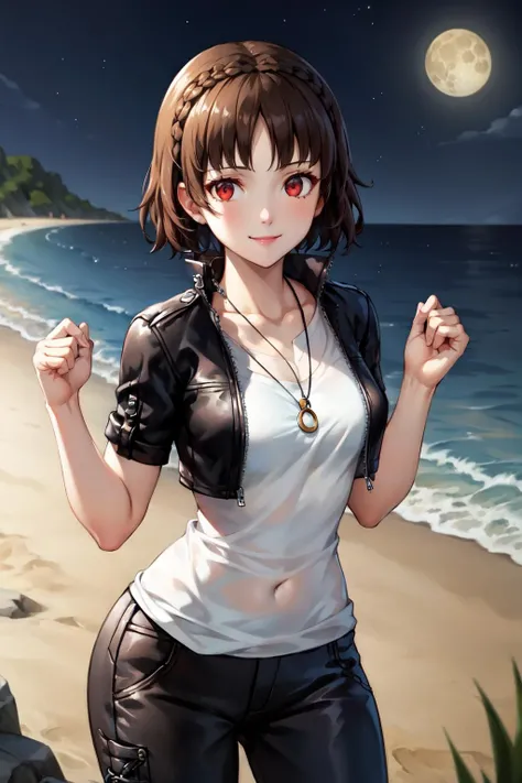 makoscramble, niijimamakoto, 1girl, solo, breasts, smile, short hair, bangs, brown hair, shirt, red eyes, white background, bare shoulders, jewelry, medium breasts, closed mouth, collarbone, jacket, braid, cowboy shot, pants, necklace, black jacket, black pants, pendant, crown braid, leather, white shirt,
late night, dim light, moon, night sky, beach, sea
<lora:makoto-niijima-10:1>