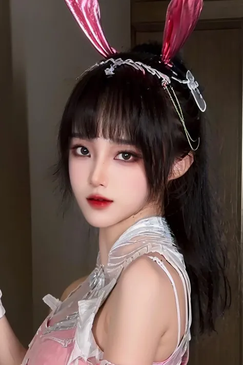 <lora:xiaowu_20:0.9>,face lighting,bright backlight,medium breasts,super high resolution,best quality,Photos,4k,(Realistic:1.2),xiaowu,1girl,bunny ears,hair_ornament,kind_smile,(fair_skin:1.1),thigh,pony-tail,(very long hair:1.2),((detailed beautiful snow forest with trees)), ((snowflakes)), floating,
