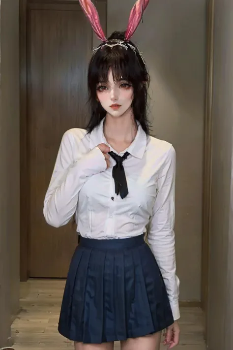<lora:xiaowu_20:0.9>,face lighting,bright backlight,medium breasts,super high resolution,best quality,Photos,4k,(Realistic:1.2),xiaowu,1girl,bunny ears,hair_ornament,kind_smile,fair_skin,thigh,(jk uniform:1.2),(very long hair:1.1),