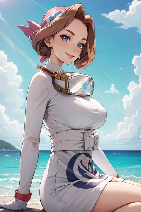 masterpiece, best quality, palina, bandana, short white dress, goggles around neck, white gloves, apron, looking at viewer, serene smile, large breasts, sitting, from side, ocean, seaside <lora:palina-nvwls-v1-000010:0.9>