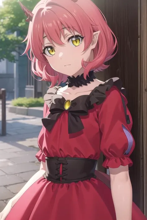 kemonohanako, <lora:kemono hanako s1-lora-nochekaiser:1>,
hanako, short hair, (yellow eyes:1.3), pink hair, horns,
BREAK dress, bow, tail, pantyhose, red dress, red footwear, bloomers, frills, collarbone, gemstone, juliet sleeves, puffy sleeves, choker,
BREAK outdoors, forest,
BREAK looking at viewer, (cowboy shot:1.5), dynamic pose,
BREAK <lyco:GoodHands-beta2:1>, (masterpiece:1.2), best quality, high resolution, unity 8k wallpaper, (illustration:0.8), (beautiful detailed eyes:1.6), extremely detailed face, perfect lighting, extremely detailed CG, (perfect hands, perfect anatomy),