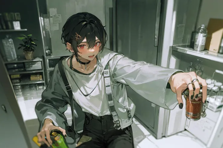 masterpiece, best quality, extremely detailed, detailed background, detailed face, 1boy, male focus, solo, red eyes, looking at viewer, jewelry, black nails, pants, can, hair ornament, ring, earrings, shirt, black pants, long sleeves, ear piercing, chain, piercing, hairclip, torn pants, holding, bottle, hair between eyes, bangs, plant, short hair, mask, black hair, choker, brown hair, torn clothes, food, smile, light particles, holding can, indoors, white shirt, refrigerator, bag, mask pull, jar, open mouth, multiple rings, nail polish, black choker, window, soda can, glint, sitting, wide sleeves, mouth mask