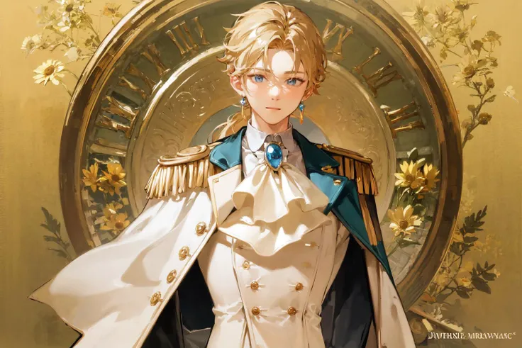 masterpiece, best quality, extremely detailed, detailed background, detailed face, parted bangs, 1boy, male focus, blonde hair, jewelry, gloves, solo, flower, brooch, white gloves, jacket, ascot, upper body, white ascot, smile, blue eyes, looking at viewer, low ponytail, earrings, epaulettes, long sleeves, curtained hair, copyright name, orange flower, floral background, shirt, cape, closed mouth, white jacket, yellow flower, copyright, vest, character name, hand up, gem, hand on own chest, white shirt, formal, sunflower, english text