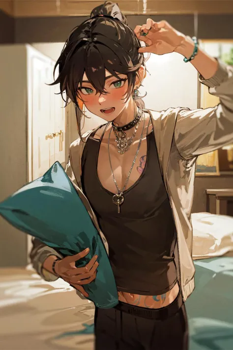 masterpiece, best quality, extremely detailed, detailed background, detailed face, 1boy, male focus, tattoo, black hair, jacket, green eyes, long hair, looking at viewer, blush, flower tattoo, solo, ponytail, open mouth, can, jewelry, pants, smile, toned male, black pants, hair between eyes, bishounen, holding, necklace, bangs, toned, open jacket, long sleeves, open clothes, clothes lift, holding can, tank top, shirt, black tank top, pillow, black shirt