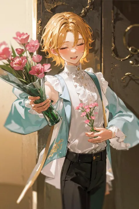 masterpiece, best quality, extremely detailed, detailed background, detailed face, parted bangs, flower, solo, closed eyes, holding, shirt, short hair, long sleeves, male focus, 1boy, smile, pink flower, green hair, holding flower, blonde hair, frilled sleeves, blurry, frills, pants, hair between eyes, white shirt, cowboy shot, black pants