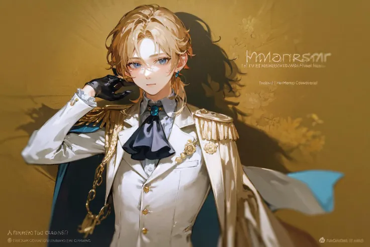 masterpiece, best quality, extremely detailed, detailed background, detailed face, parted bangs, 1boy, male focus, blonde hair, jewelry, gloves, solo, flower, brooch, white gloves, jacket, ascot, upper body, white ascot, smile, blue eyes, looking at viewer, low ponytail, earrings, epaulettes, long sleeves, curtained hair, copyright name, orange flower, floral background, shirt, cape, closed mouth, white jacket, yellow flower, copyright, vest, character name, hand up, gem, hand on own chest, white shirt, formal, sunflower, english text
