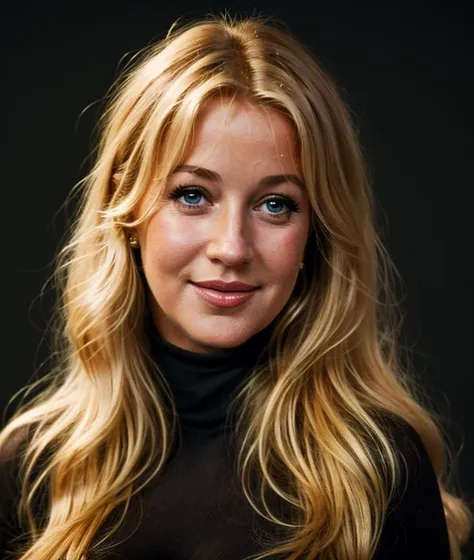 a close up of a woman with long blonde hair and a black turtle neck