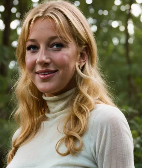 blonde woman with blue eyes and a turtle neck sweater smiling