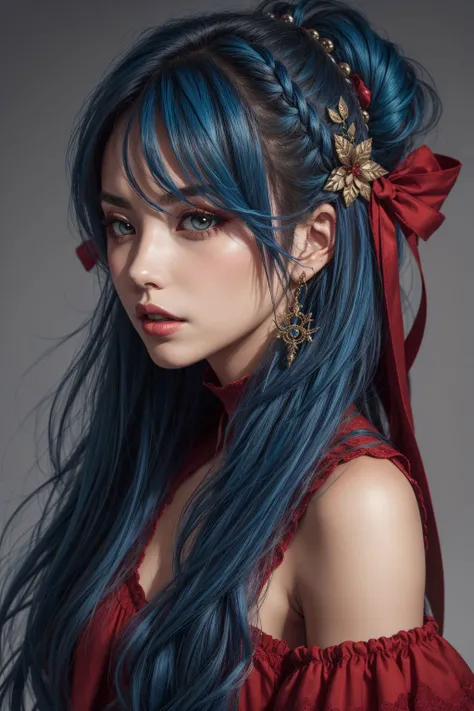 mythological, woman, red and blue hair mullet, makeup, ribbons, artistic <lora:add_detail:0.5> <lora:boldline:0.2>