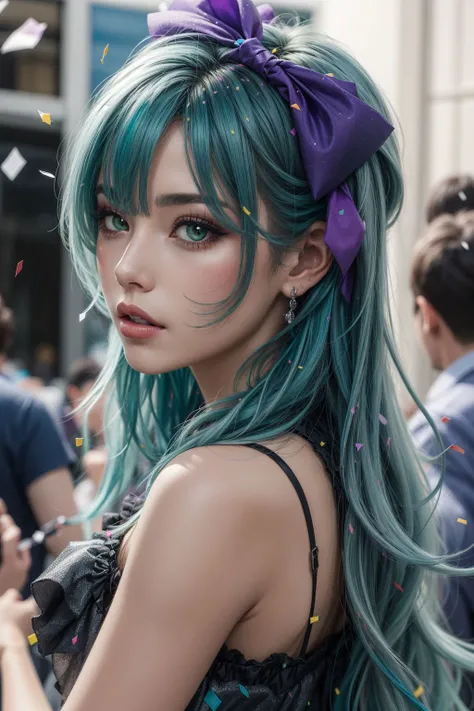 matte, woman, violet and green hair half-up half-down hairstyle, makeup,  confetti, artistic <lora:add_detail:0.5> <lora:boldline:0.2>