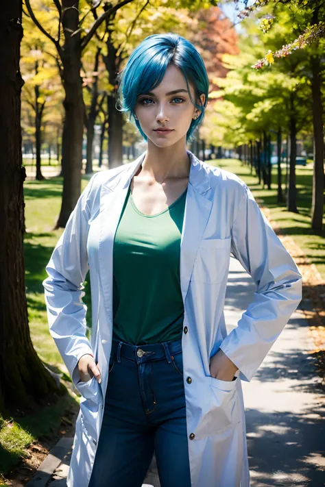 Bulma, woman, blue eyes, labcoat, green shirt, jeans, looking at viewer, serious, smiling,
standing, hands on hips, outside, park, trees, season change, summer to fall, extreme detail, hdr, beautiful quality, <lora:Bulma:.8>