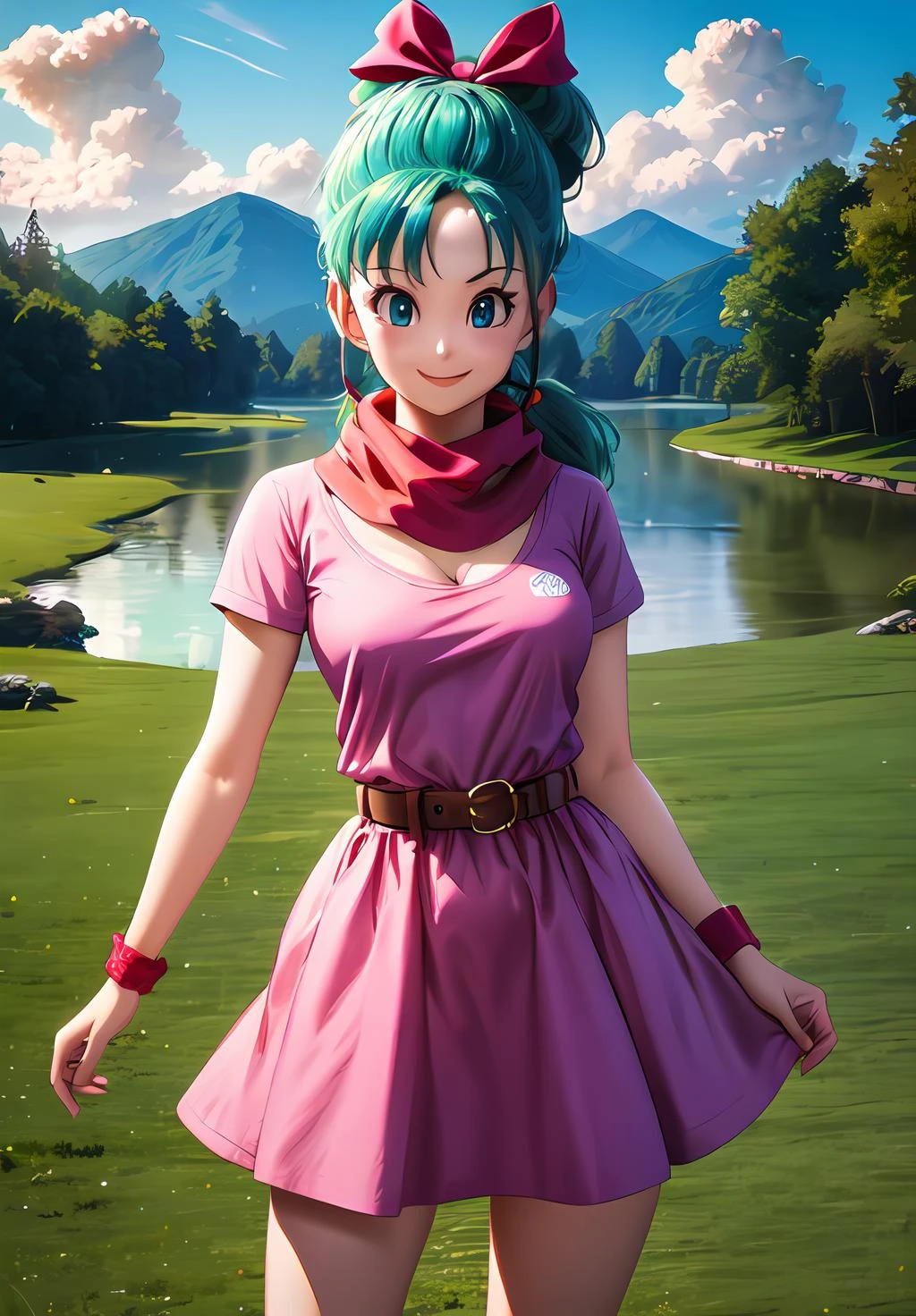 (Photo:1.3), highdetail, <lora:Bulma_:0.8>, Bulma_teenirl, solo, long hair, looking at viewer, blush, smile, bangs, blue eyes, dress, bow, ribbon, standing, hair ribbon, short sleeves, thighs, cowboy shot, outdoors, green hair, sky, day, belt, cloud, water, scarf, blue sky, short dress, grass, building, wristband, pink dress, clothes writing, pouch, brown belt, river, lake, (acclaimed, alluring, captivating, exciting, gorgeous, striking:1.3), (trending on artstation:1.3)