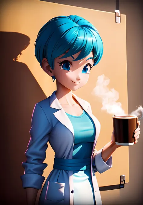 (Photo:1.3), highdetail, <lora:Bulma:0.8>, Bulma, 1girl, solo, labcoat, coffee mug, portrait, smile, (acclaimed, alluring, captivating, exciting, gorgeous, striking:1.3), (trending on artstation:1.3)