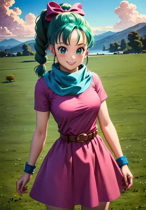 (Photo:1.3), highdetail, <lora:Bulma_teen:0.8>, Bulma_teen, 1girl, solo, long hair, looking at viewer, blush, smile, bangs, blue eyes, dress, bow, ribbon, standing, hair ribbon, short sleeves, thighs, cowboy shot, outdoors, green hair, sky, day, belt, cloud, water, scarf, blue sky, short dress, grass, building, wristband, pink dress, clothes writing, pouch, brown belt, river, lake, (acclaimed, alluring, captivating, exciting, gorgeous, striking:1.3), (trending on artstation:1.3)