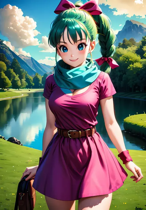 (Photo:1.3), highdetail, <lora:Bulma_teen:0.8>, Bulma_teen, 1girl, solo, long hair, looking at viewer, blush, smile, bangs, blue eyes, dress, bow, ribbon, standing, hair ribbon, short sleeves, thighs, cowboy shot, outdoors, green hair, sky, day, belt, cloud, water, scarf, blue sky, short dress, grass, building, wristband, pink dress, clothes writing, pouch, brown belt, river, lake, (acclaimed, alluring, captivating, exciting, gorgeous, striking:1.3), (trending on artstation:1.3)