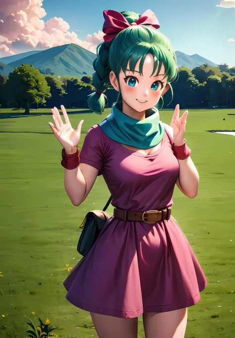 (Photo:1.3), highdetail, <lora:Bulma_teen:0.8>, Bulma_teen, 1girl, solo, long hair, looking at viewer, blush, smile, bangs, blue eyes, dress, bow, ribbon, standing, hair ribbon, short sleeves, thighs, cowboy shot, outdoors, green hair, sky, day, belt, cloud, water, scarf, blue sky, hands up, short dress, grass, building, wristband, pink dress, clothes writing, pouch, brown belt, river, lake, (acclaimed, alluring, captivating, exciting, gorgeous, striking:1.3), (trending on artstation:1.3)