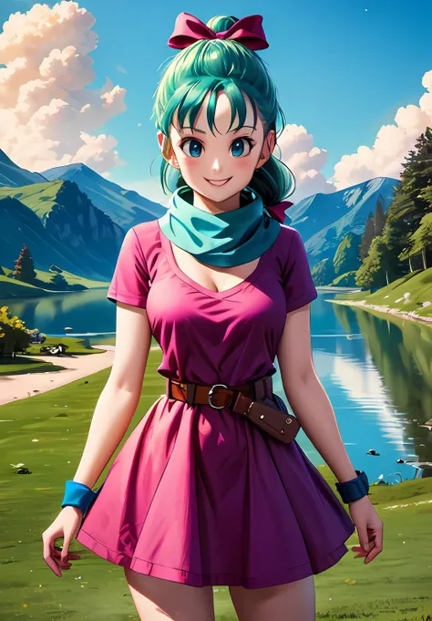 (Photo:1.3), highdetail, <lora:Bulma_teen:0.8>, Bulma_teen, 1girl, solo, long hair, looking at viewer, blush, smile, bangs, blue eyes, dress, bow, ribbon, standing, hair ribbon, short sleeves, thighs, cowboy shot, outdoors, green hair, sky, day, belt, cloud, water, scarf, blue sky, short dress, grass, building, wristband, pink dress, clothes writing, pouch, brown belt, river, lake, (acclaimed, alluring, captivating, exciting, gorgeous, striking:1.3), (trending on artstation:1.3)