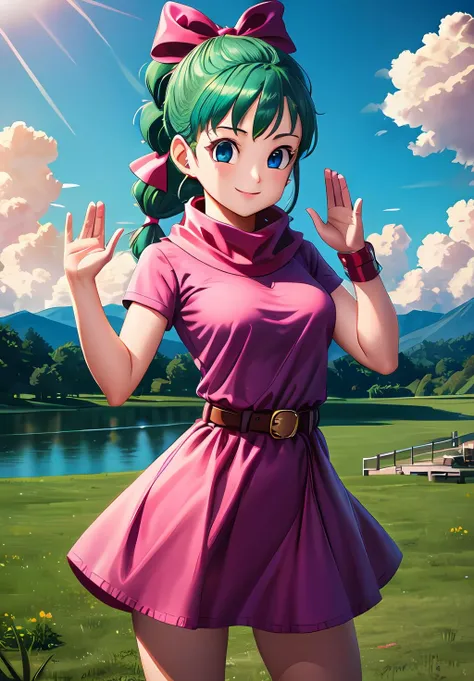 (Photo:1.3), highdetail, <lora:Bulma_teen:0.8>, Bulma_teen, 1girl, solo, long hair, looking at viewer, blush, smile, bangs, blue eyes, dress, bow, ribbon, standing, hair ribbon, short sleeves, thighs, cowboy shot, outdoors, green hair, sky, day, belt, cloud, water, scarf, blue sky, hands up, short dress, grass, building, wristband, pink dress, clothes writing, pouch, brown belt, river, lake, (acclaimed, alluring, captivating, exciting, gorgeous, striking:1.3), (trending on artstation:1.3)