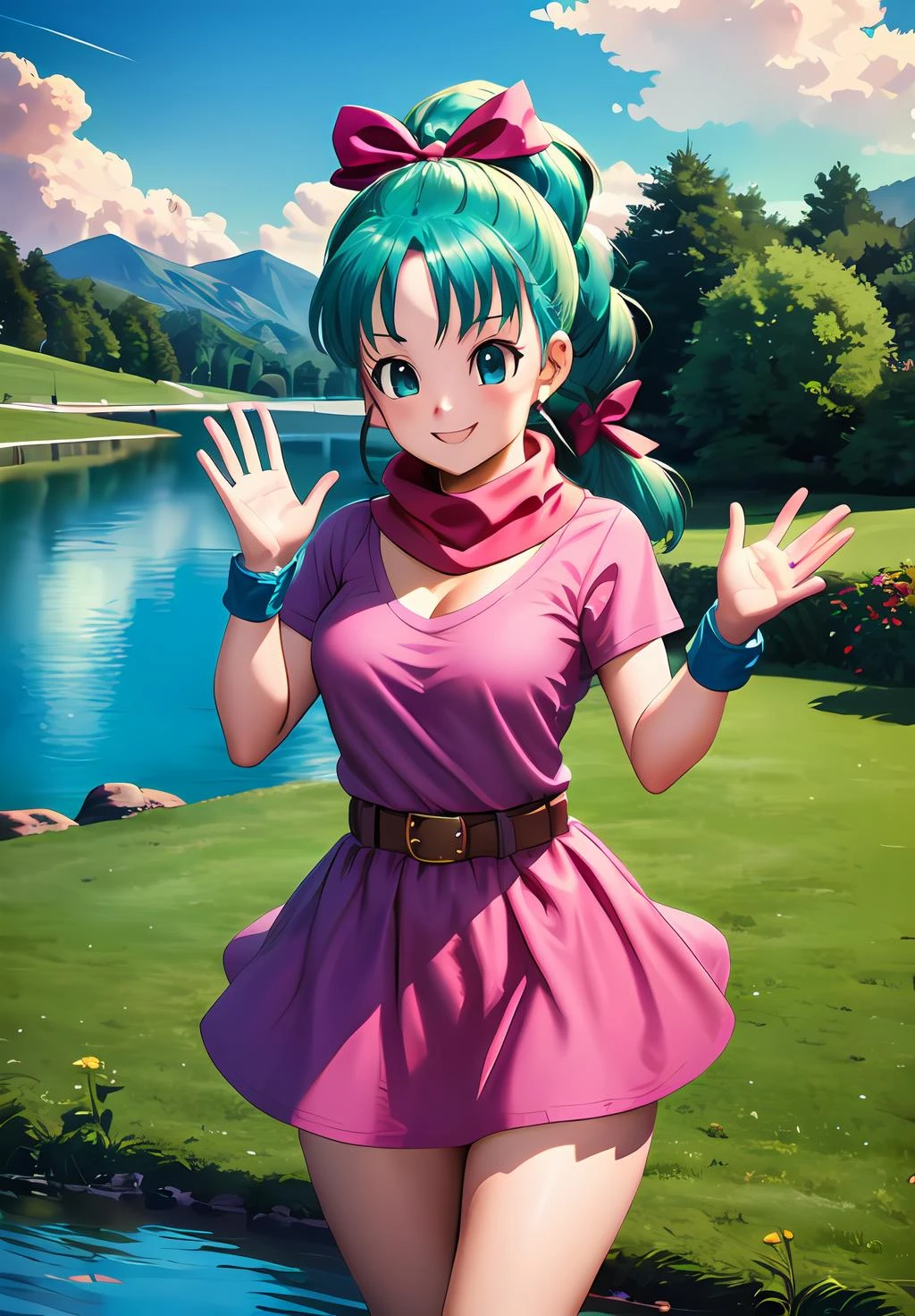 (Photo:1.3), highdetail, <lora:Bulma_:0.8>, Bulma_teenirl, solo, long hair, looking at viewer, blush, smile, bangs, blue eyes, dress, bow, ribbon, standing, hair ribbon, short sleeves, thighs, cowboy shot, outdoors, green hair, sky, day, belt, cloud, water, scarf, blue sky, hands up, short dress, grass, building, wristband, pink dress, clothes writing, pouch, brown belt, river, lake, (acclaimed, alluring, captivating, exciting, gorgeous, striking:1.3), (trending on artstation:1.3)