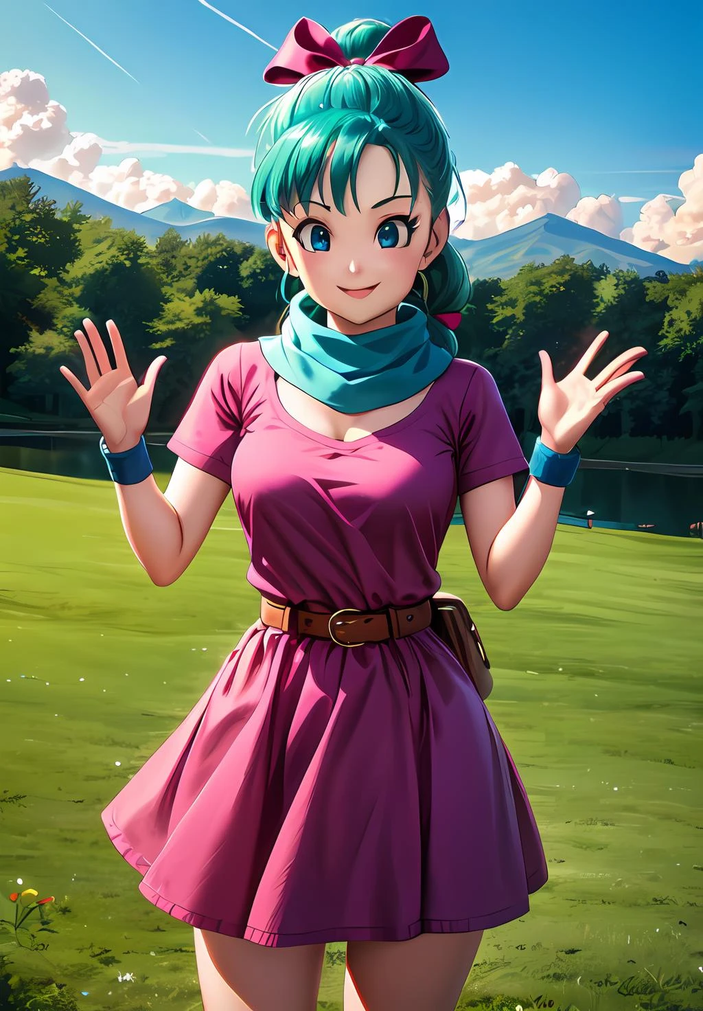 (Photo:1.3), highdetail, <lora:Bulma_:0.8>, Bulma_teenirl, solo, long hair, looking at viewer, blush, smile, bangs, blue eyes, dress, bow, ribbon, standing, hair ribbon, short sleeves, thighs, cowboy shot, outdoors, green hair, sky, day, belt, cloud, water, scarf, blue sky, hands up, short dress, grass, building, wristband, pink dress, clothes writing, pouch, brown belt, river, lake, (acclaimed, alluring, captivating, exciting, gorgeous, striking:1.3), (trending on artstation:1.3)
