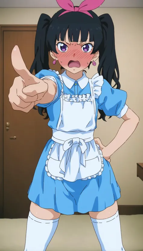 (pointing at viewer:1.2),1girl, solo, white thighhighs,black legwear, pink hair ribbon, blue dress, short sleeves, frills apron, puffy short sleeves,
(black long hair:1.2), (twintails:1.2), blunt bangs, (pink ribbon:1.05), black hair, earrings, purple eyes, long eyelashes, red eyeliner, flat chest,
full-face blush, open mouth, angry, standing, open stance, spread legs, hotel room, window, city, hands on hip,
anime coloring, anime screencap, megami magazine, masterpiece, best quality, <lora:alicecosXLv2:0.787> alicecos <lora:sdxl2-flat2-512b:0.5>