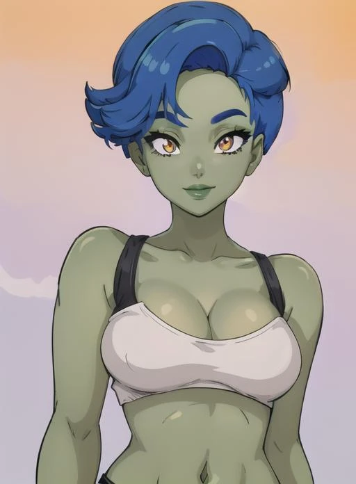 best quality, (masterpiece),(ultra-detailed), (high quality), (high resolution), <lora:demeter:0.7>,1girl, blue hair, breasts, cleavage, colored skin,black crop top, demeter, green skin, lipstick, looking at viewer, makeup, navel, orange eyes, portrait, purple hair, short hair,, simple background, smile, solo, upper body, white eyes