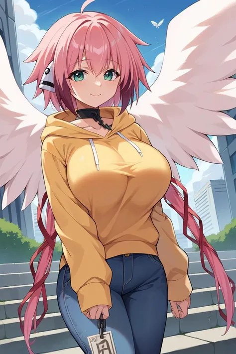 score_9, score_8_up, score_7_up, score_6_up, source_anime, BREAK 1girl,  <lora:ikaros-pdxl-nvwls-v1-000005:1> ikaros, pink hair, twintails, ribbon, robot ears, white wings, choker, chain, large breasts, yellow hoodie, sleeves past fingers, jeans, city, stairs, looking at viewer, happy, smile, closed mouth