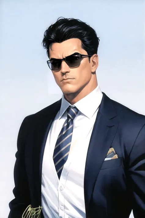 masterpiece, best quality, high quality, highres, upper body, straight-on, 
LoConARTSTYLE_AlexRoss_ComicArt_ownwaifu, www.ownwaifu.com, 
1boy, sunglasses,  black hair, formal, male focus, shirt, simple background, solo, suit, short hair, long sleeves, necktie, striped, formal,
retro artstyle,
<lora:LoConARTSTYLE_AlexRoss_ComicArt_ownwaifu-15:0.7>