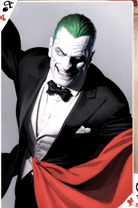 masterpiece, best quality, high quality, highres, 
ARTSTYLE_AlexRoss_ComicArt_ownwaifu, www.ownwaifu.com, 1boy, beard, cape, curtains, facial hair, looking at viewer, male focus, old, old man, open mouth, solo, teeth, solo, looking at viewer, smile, 1boy, male focus, green hair, teeth, grin, formal, curtains, colored sclera, card, evil smile, playing card, clown
<lora:ARTSTYLE_AlexRoss_ComicArt_ownwaifu-15:0.9>