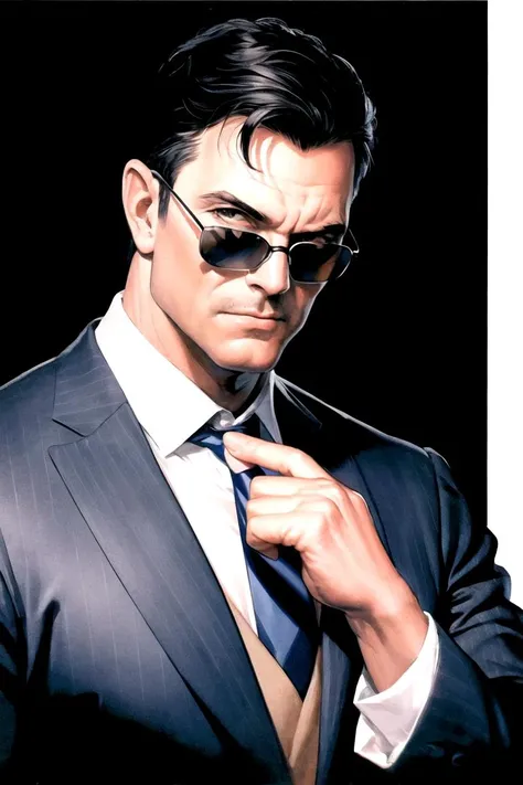 masterpiece, best quality, high quality, highres, 
LoConARTSTYLE_AlexRoss_ComicArt_ownwaifu, www.ownwaifu.com, 
1boy, adjusting eyewear, black background, black hair, facial hair, formal, glasses, jacket, male focus, mustache, realistic, round eyewear, shirt, simple background, solo, suit, sunglasses, upper body, solo, short hair, shirt, black hair, long sleeves, 1boy, jacket, upper body, male focus, necktie, glasses, striped, formal, sunglasses, suit, stairs, adjusting eyewear
retro artstyle,
<lora:LoConARTSTYLE_AlexRoss_ComicArt_ownwaifu-15:0.9>