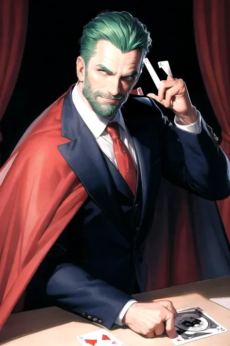 masterpiece, best quality, high quality, highres, 
ARTSTYLE_AlexRoss_ComicArt_ownwaifu, www.ownwaifu.com, 1boy, beard, cape, curtains, facial hair, looking at viewer, male focus, old, old man, open mouth, solo, teeth, solo, looking at viewer, smile, 1boy, male focus, green hair, teeth, grin, formal, curtains, colored sclera, card, evil smile, playing card, clown
<lora:ARTSTYLE_AlexRoss_ComicArt_ownwaifu-15:0.7>