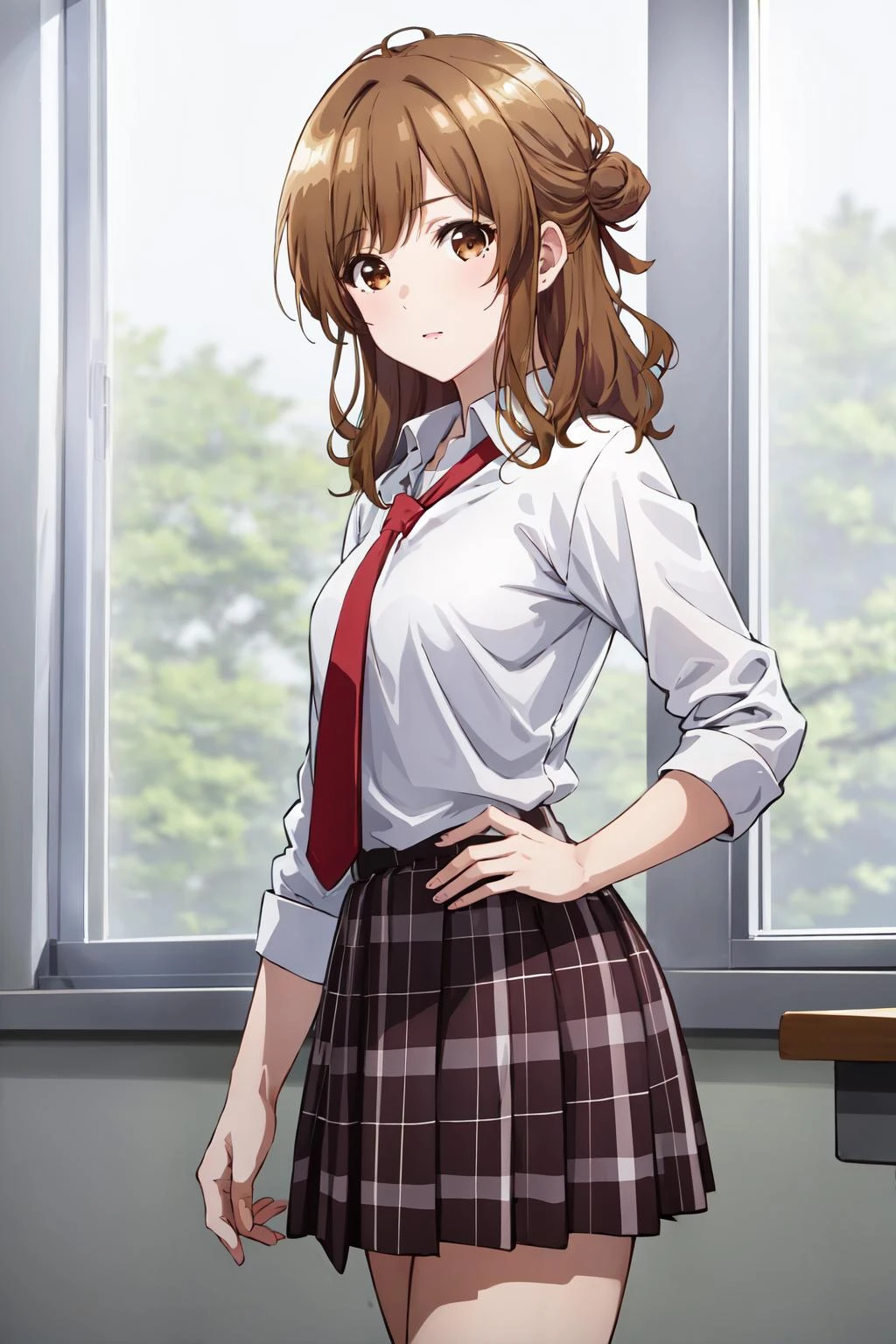 ((best quality, high quality, masterpiece, highres)), izumi yuzu, 1girl, solo, school uniform, white shirt, red necktie, skirt, looking at viewer, cowboy shot, classroom, school, <lora:izumi_yuzu:0.8>