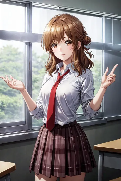((best quality, high quality, masterpiece, highres)), izumi yuzu, 1girl, solo, school uniform, white shirt, red necktie, skirt, looking at viewer, cowboy shot, classroom, school, <lora:izumi_yuzu:0.8>