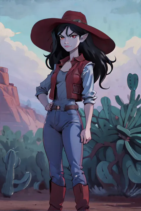 <lora:marceline-yeiyei:0.4>, MarcelineWaifu,1girl, red cowboy shirt, black vest, cowboy boots, skinny jeans, cowboy hat, standing with arms crossed, desert, cactus, <clip:skip:2> || skin, hair, clothing, leather, desert, masterpiece, 8k, high resolution, shallow depth of field, sharp focus