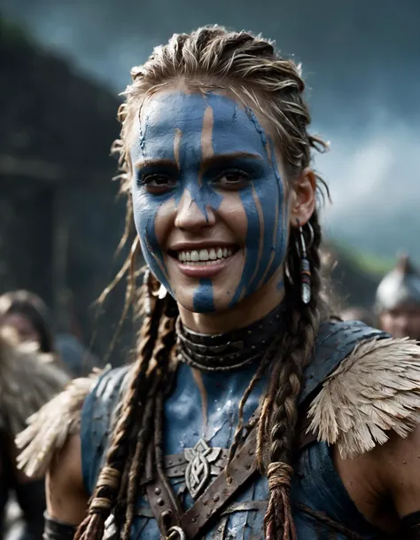 Close-up of ((ohwx woman)) in Hellblade: Senua's Sacrifice, emerging from black mud, long hair with dreads, war blue paint, paint fading, angry expression, dirty face, finely detailed eyes, moody, viking clothes, epic scene, epic composition, Photography, Cinematic Lighting, Volumetric Lighting, ethereal light, intricate details, extremely detailed volumetric rays <lora:jessicaalba_dh128_v1_sdxxxl:1>