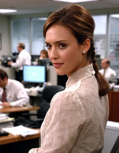 analog style, a movie still of gorgeous ((ohwx woman)) in the Tv series The Office, (makeup:0.6), office background, ((high detailed skin, skin details)), sharp focus, volumetric light, hd, high quality, film grain, Sony F900 <lora:jessicaalba_dh128_v1_sdxxxl:1>
