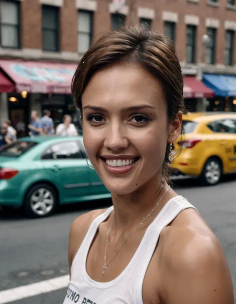 Mid-shot portrait of a beautiful ((ohwx woman)) in his 30s with perfect skin, candid street portrait in the style of Martin Schoeller award winning, Sony a7R <lora:jessicaalba_dh128_v1_sdxxxl:1>