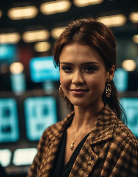 cinematic photo professional fashion close-up portrait photography of a beautiful (((ohwx woman))) at radio station during Late night, Nikon Z9 <lora:jessica_alba_sdxl_dh128_v1:1.05> . 35mm photograph, film, bokeh, professional, 4k, highly detailed