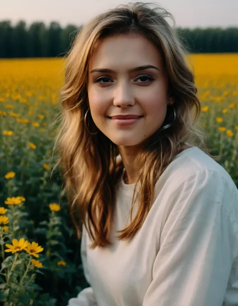 cinematic photo RAW candid cinema, (((ohwx woman))) portrait in a field, 16mm, ((remarkable color)), (ultra realistic) <lora:jessica_alba_sdxl_dh128_v1:1.05> . 35mm photograph, film, bokeh, professional, 4k, highly detailed