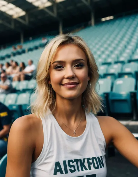 cinematic photo professional fashion close-up portrait photography of a beautiful (((ohwx woman))) at basketball stadium during Noon, Nikon Z9 <lora:jessica_alba_sdxl_dh128_v1:1.05> . 35mm photograph, film, bokeh, professional, 4k, highly detailed